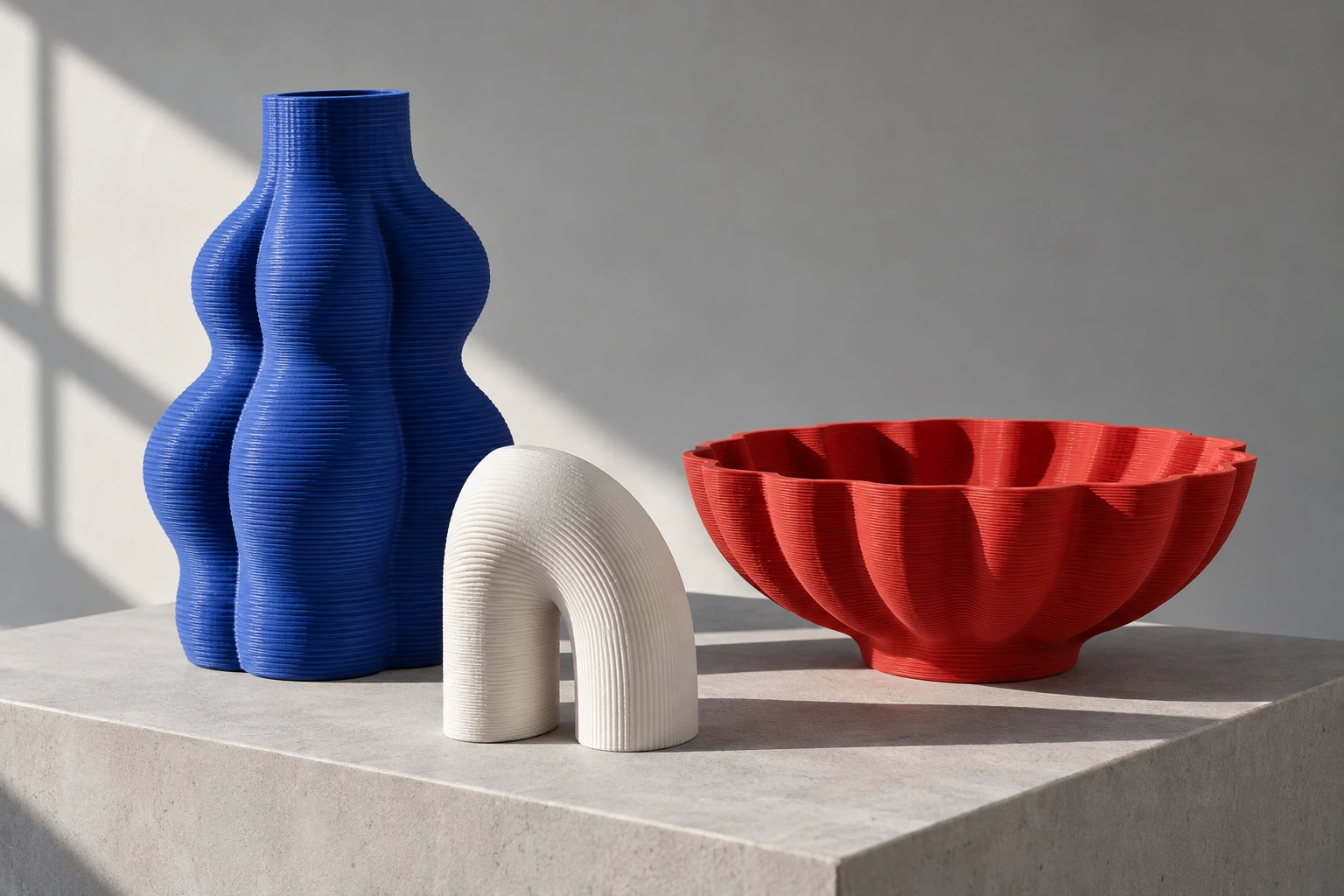 Visualisation de recherche : vase bleu texturé, forme sculpturale blanche et coupe rouge dans un décor lumineux